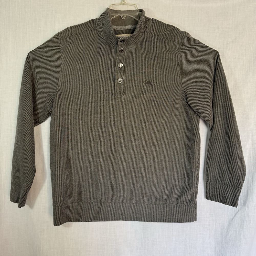 Tommy Bahama Men's Large Quarter Button Pullover Long Sleeve gray Cotton Sweater